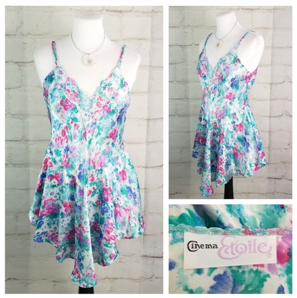 Vtg Cinema Etoile S White Blue Pink Floral Satin Chemise Skater Short Nightie - Picture 8 of 8
